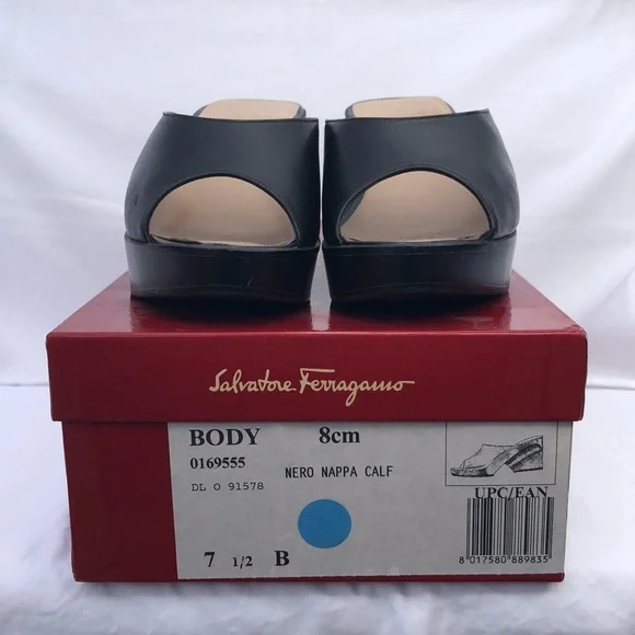 Ferragamo Wood & Leather Platform Peep Toe Slide/Mule w/3” Heel, Black - Picture 16 of 16